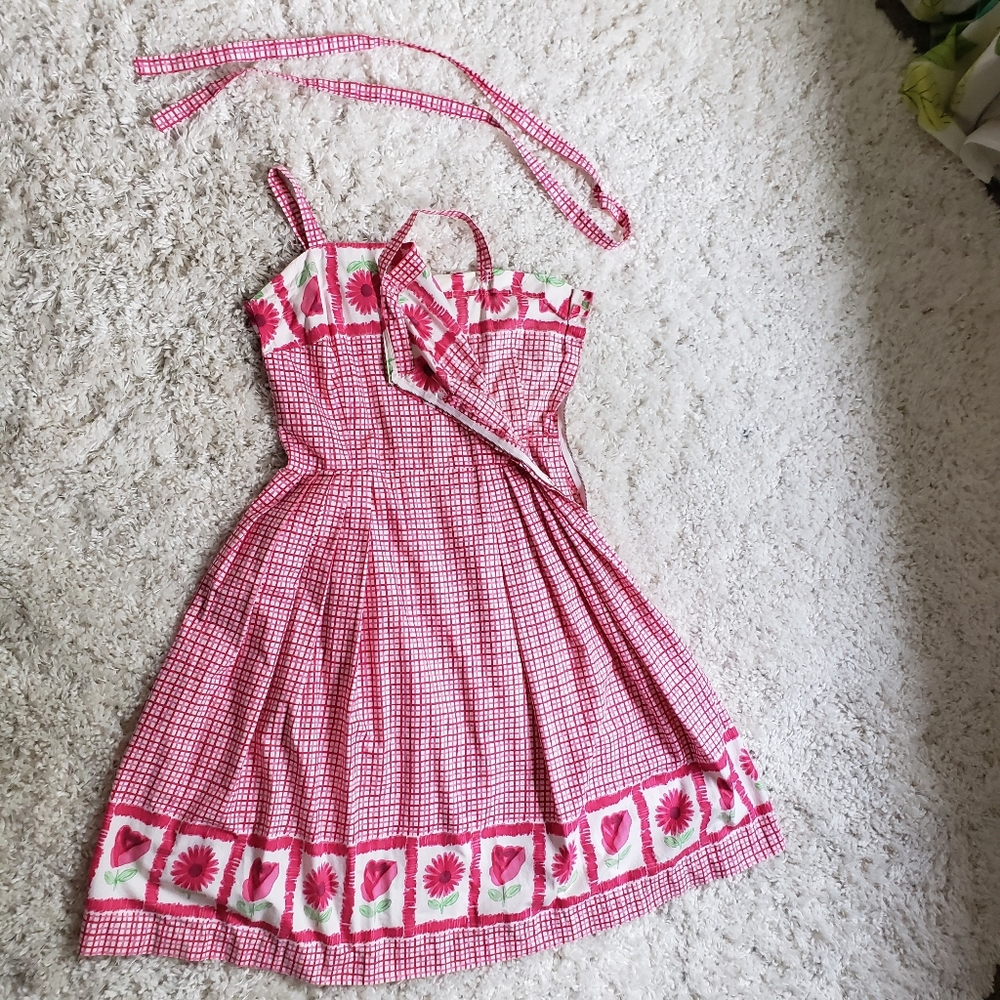 1950s Vintage Spring Pink Fit and Flare Dress Floral Border Frock - Picture 7 of 8